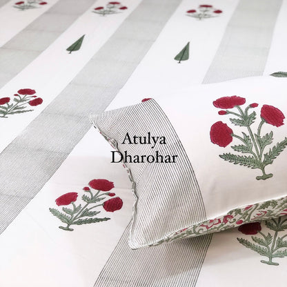 Pinkish Red Marigold with Pine Tree Motifs Hand Block Printed Super King Bedsheet