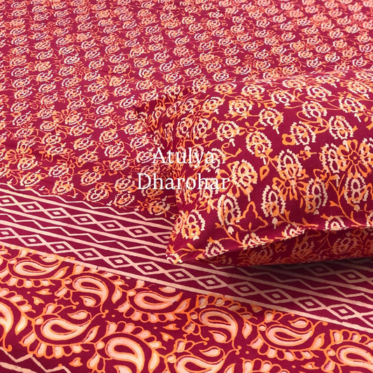 Red Classic Butti Cotton Hand Block Super King Bedsheet