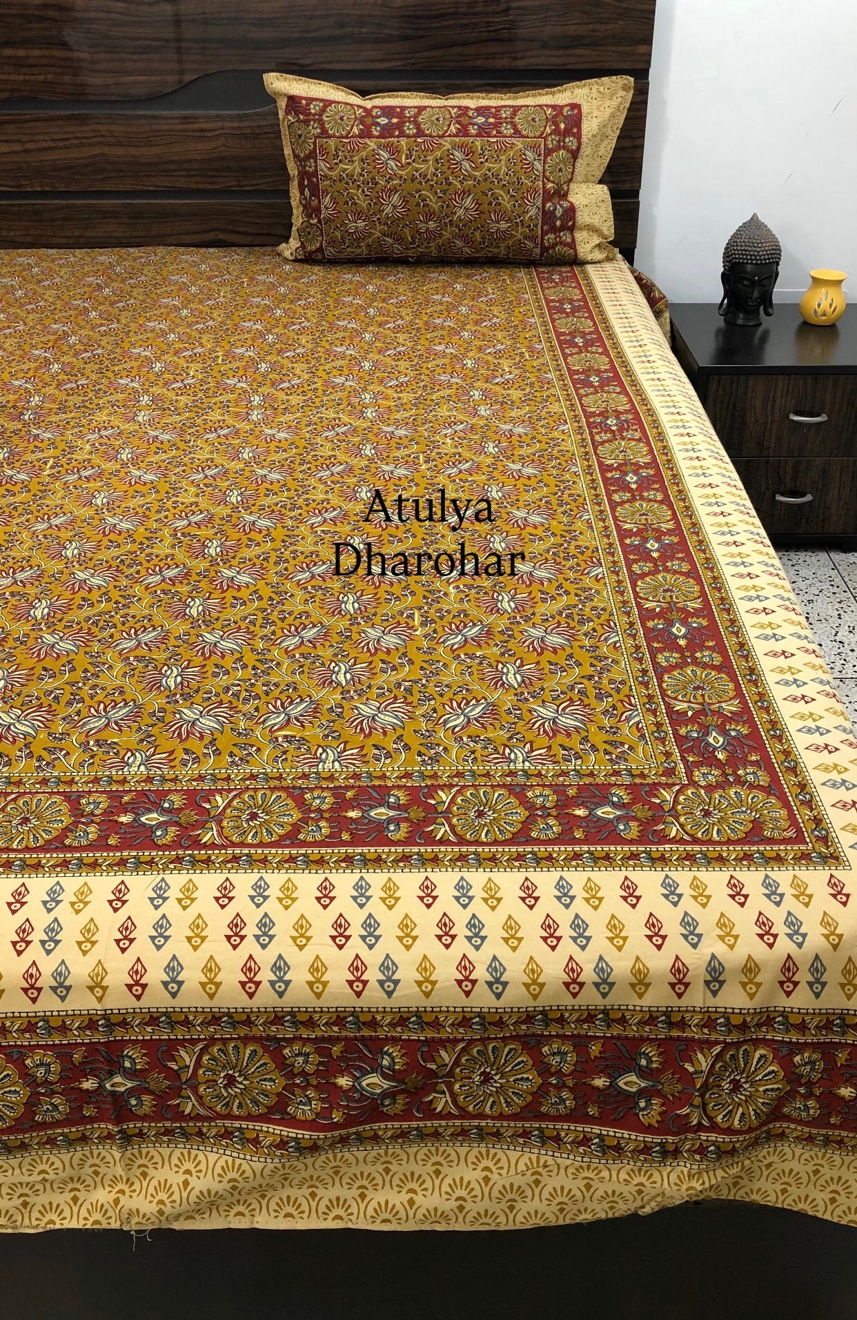 Mustard Cotton Kalamkari Super King Bedsheet