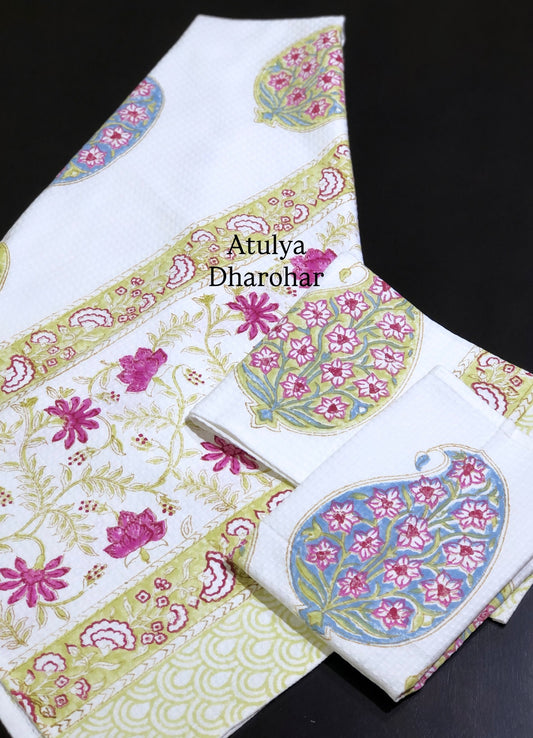 Green and Blue Paisley Motifs Hand Block Waffle Cotton Towel Set
