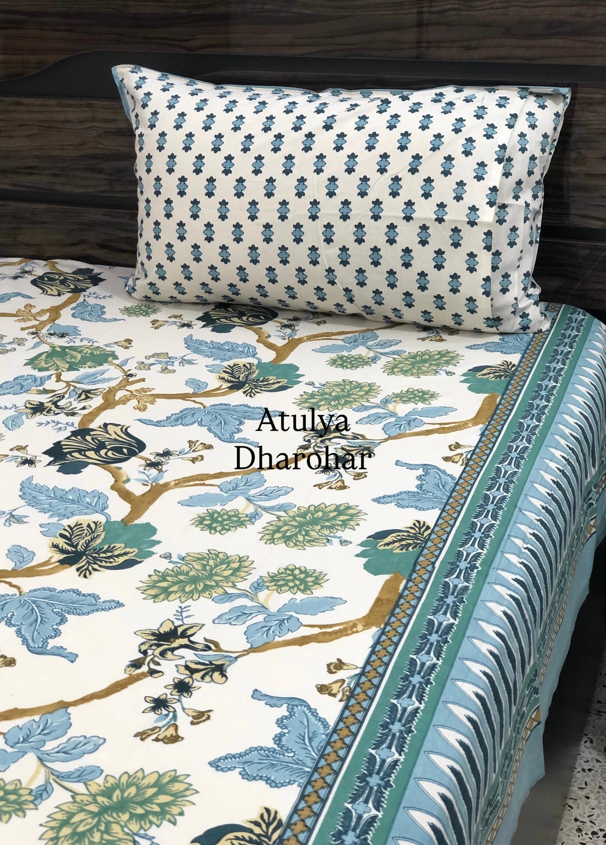 Blue and Green Floral Jaal Cotton Super King Bedsheet