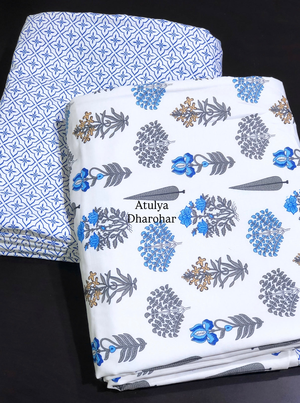 Blue Floral Motifs Cambric Cotton Single Dohar Pair