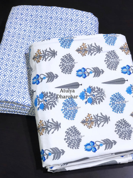 Blue Floral Motifs Cambric Cotton Single Dohar Pair