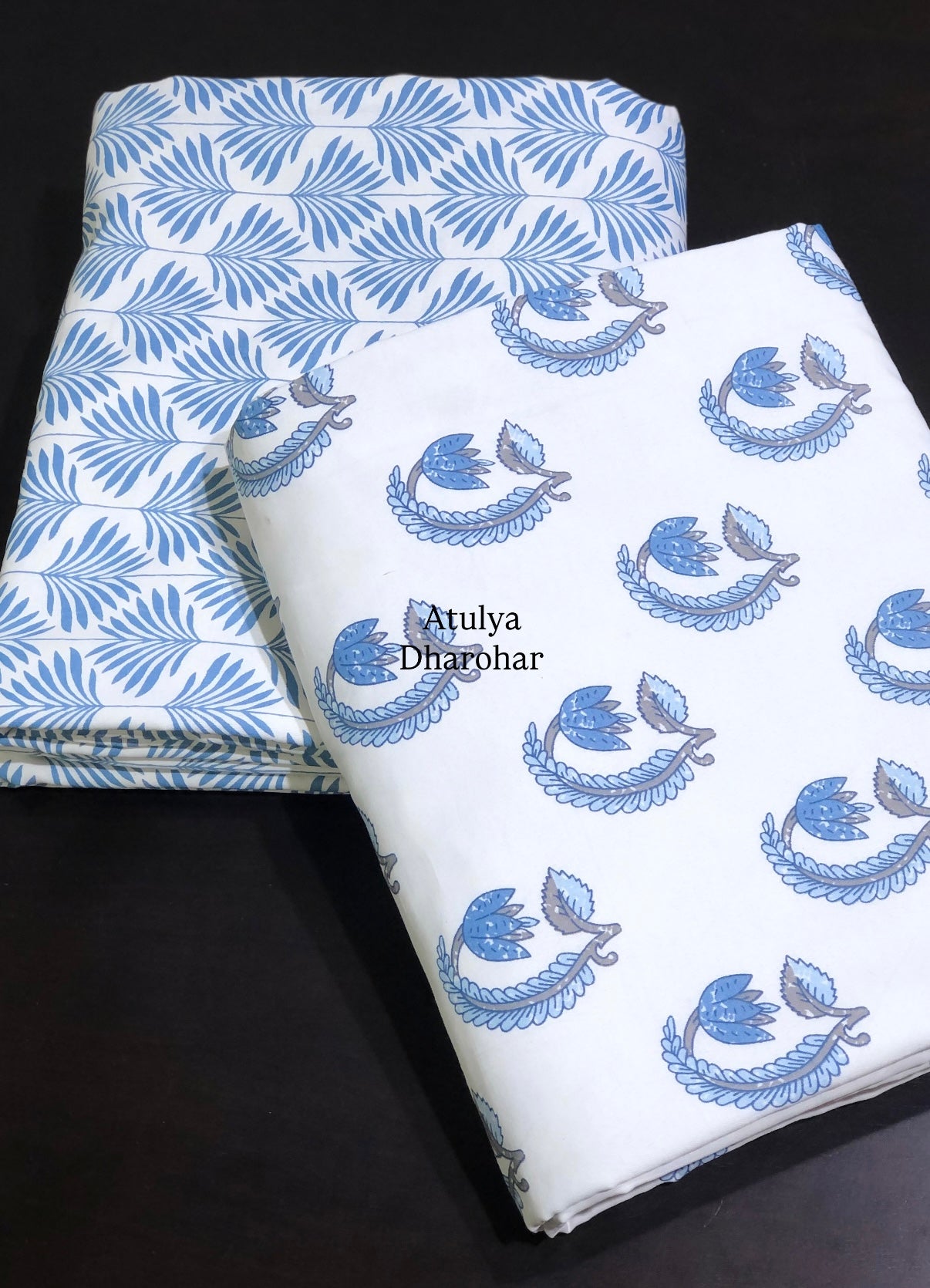 Blue Floral Motifs Cambric Cotton Single Dohar Pair