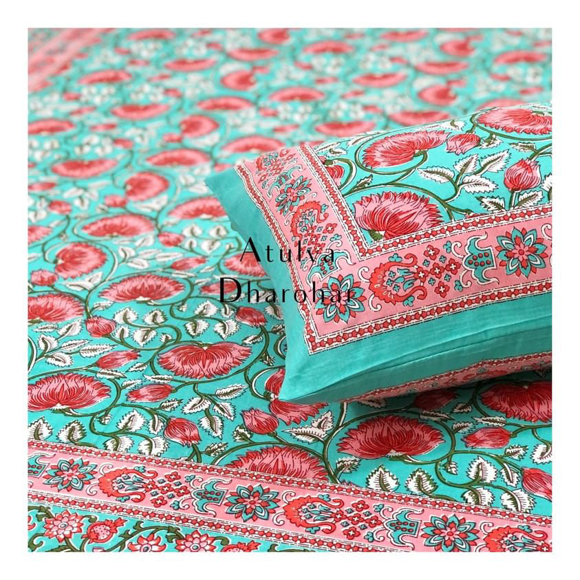 Teal and Pink Lotus Motifs Single Bedsheet