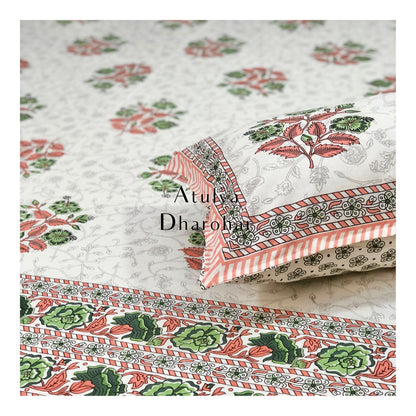 Peach and Green Floral Motifs Bedsheet