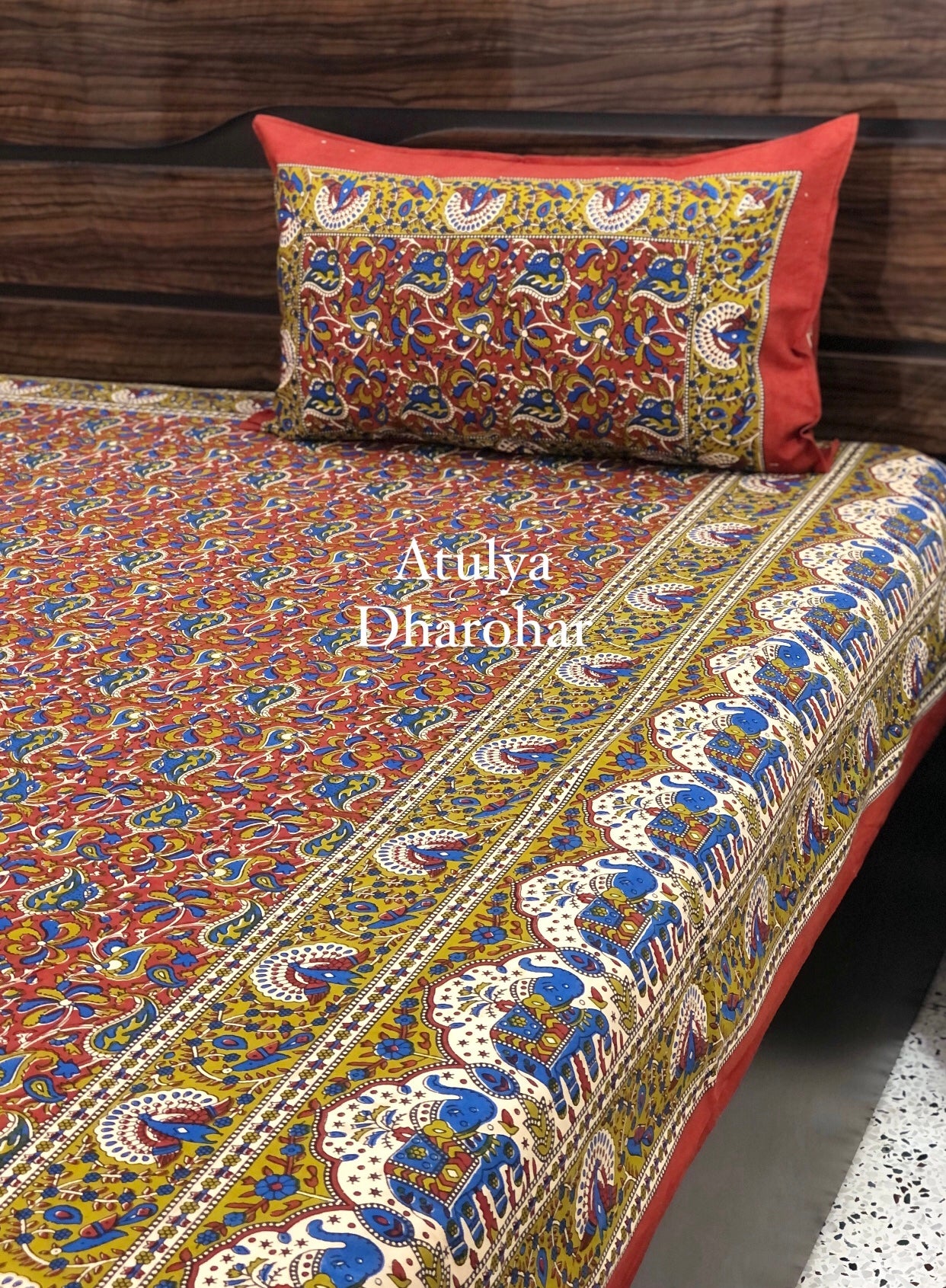 Maroon and Green Kalamkari Bedsheet