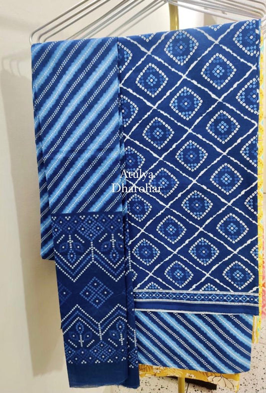 Indigo Bandhani Suit Fabric with Cotton Dupatta