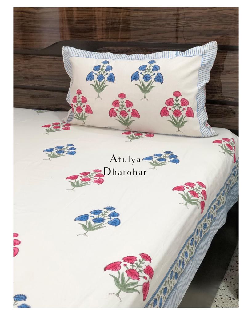 Pink and Blue Floral Motifs Hand Block Super King Bedsheet