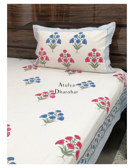 Pink and Blue Floral Motifs Hand Block Super King Bedsheet