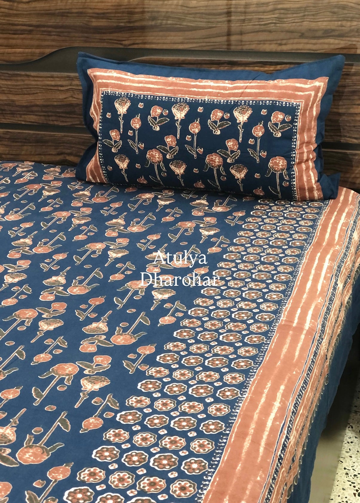 Navy Blue Floral Motifs Cotton Super King Bedsheet
