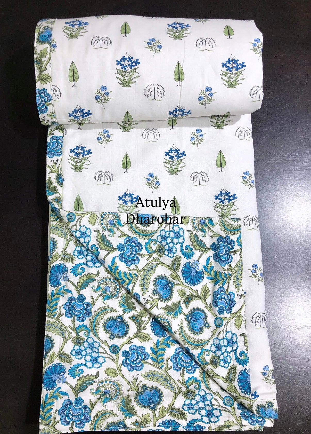 Blue and Green Floral Motifs Cambric Cotton Double Bed Dohar