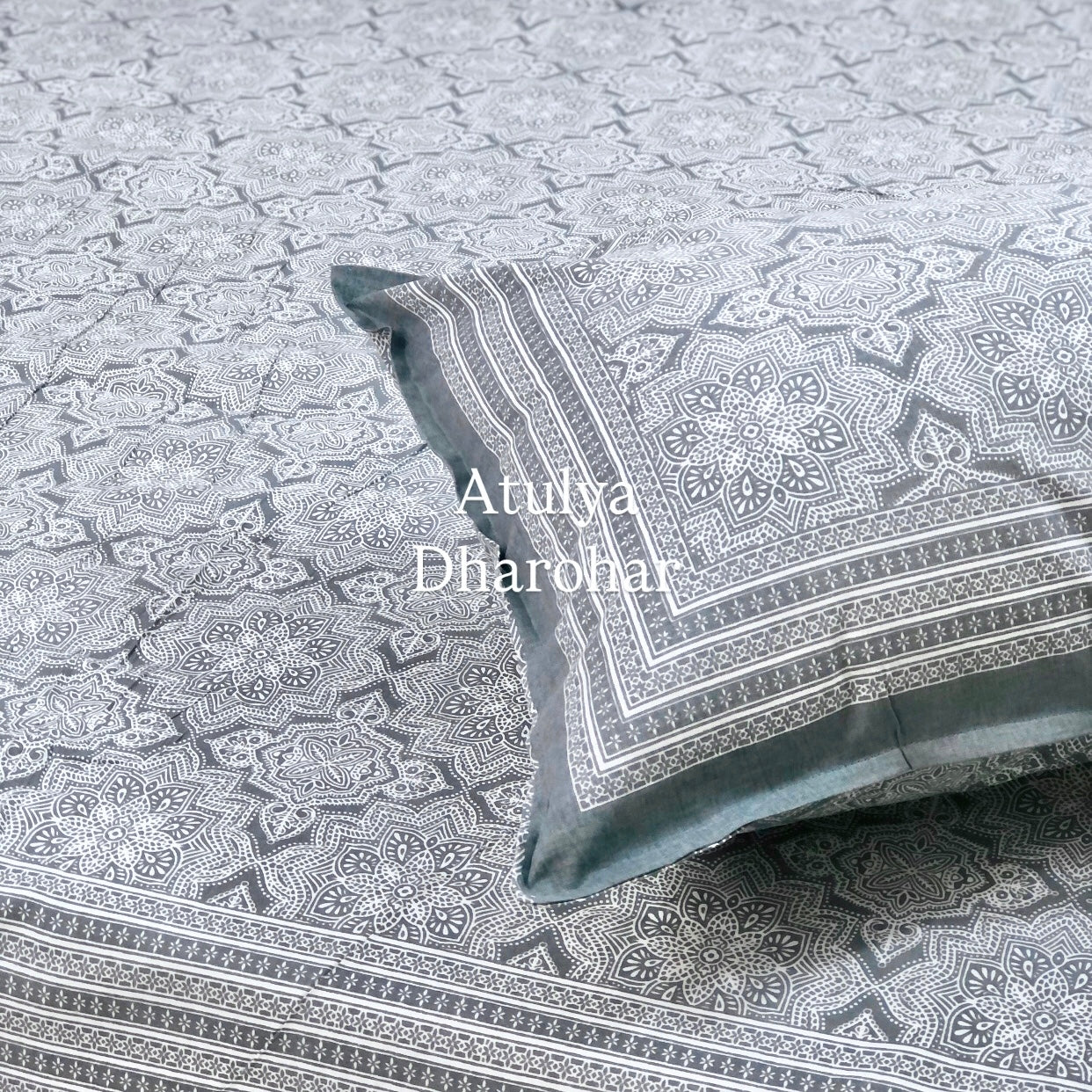 Bluish Grey Mughal Jaal Cotton King Size Bedsheet