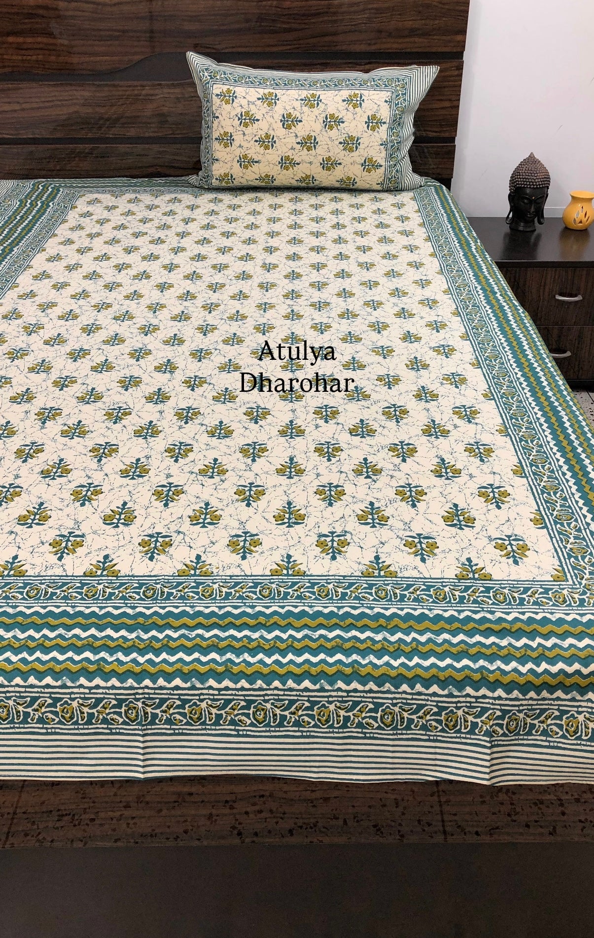 Turquoise and Green Floral Motifs Cotton Single Bed Bedsheet