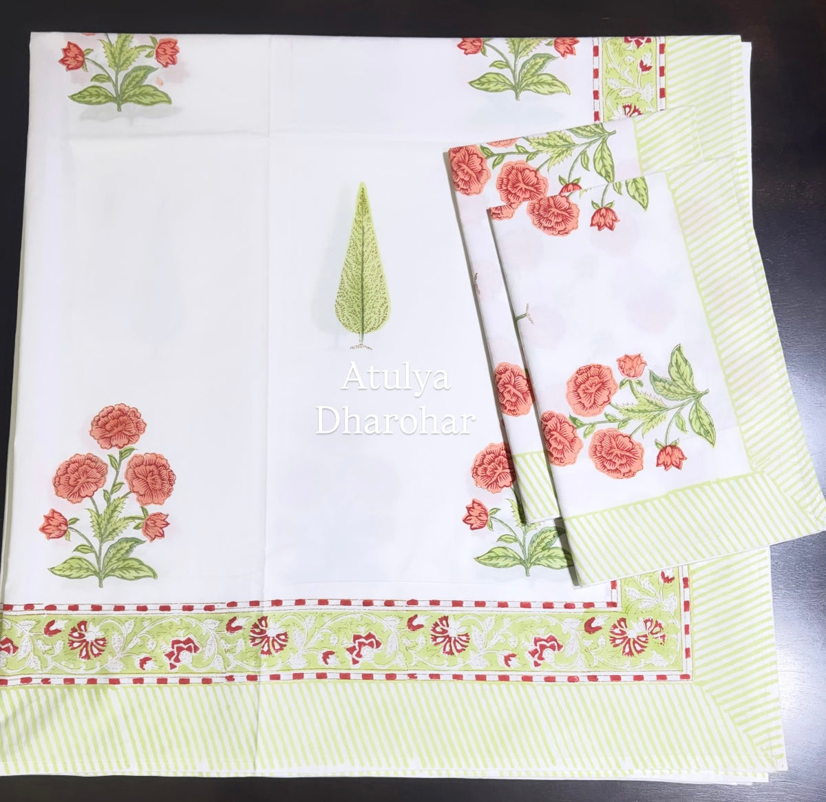 Orange and Green Floral Motifs Percale Cotton Hand Block Printed Super King Bedsheet