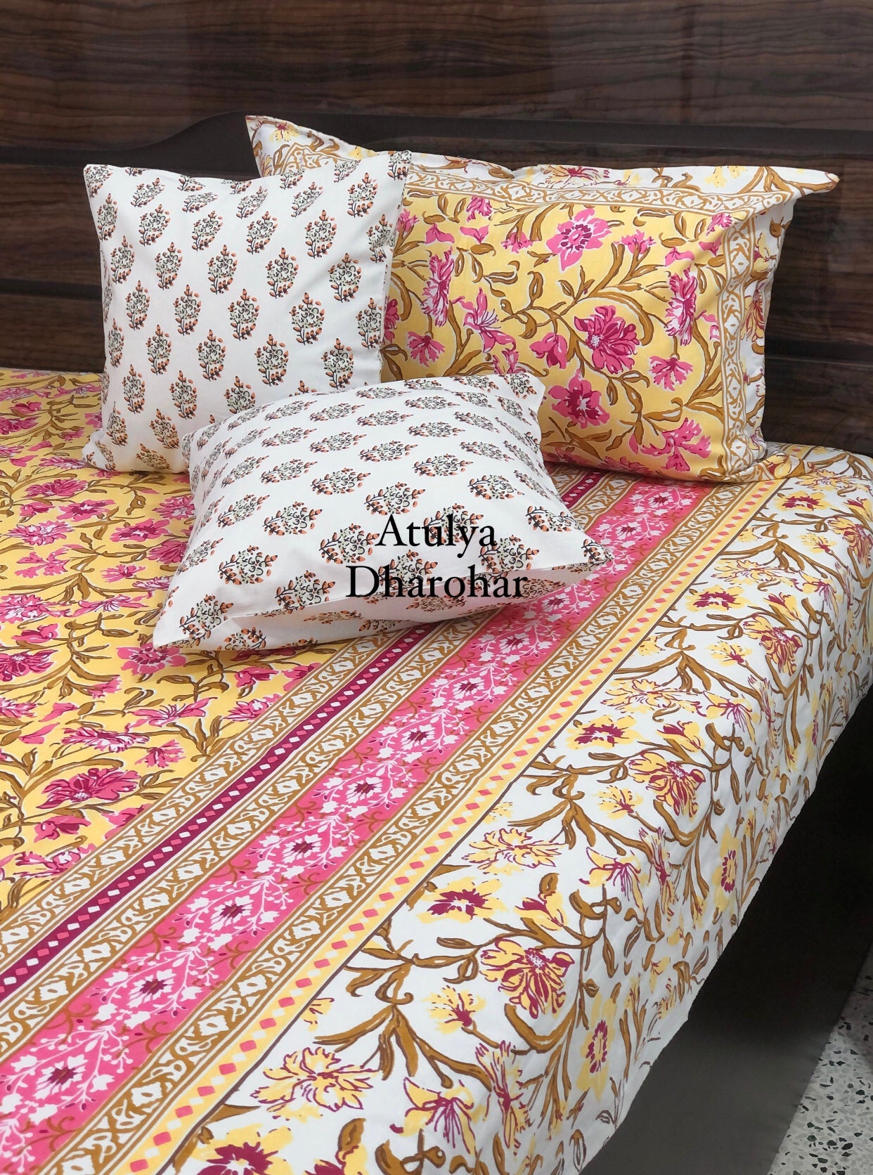 Yellow and Pink Floral Jaal Bedsheet