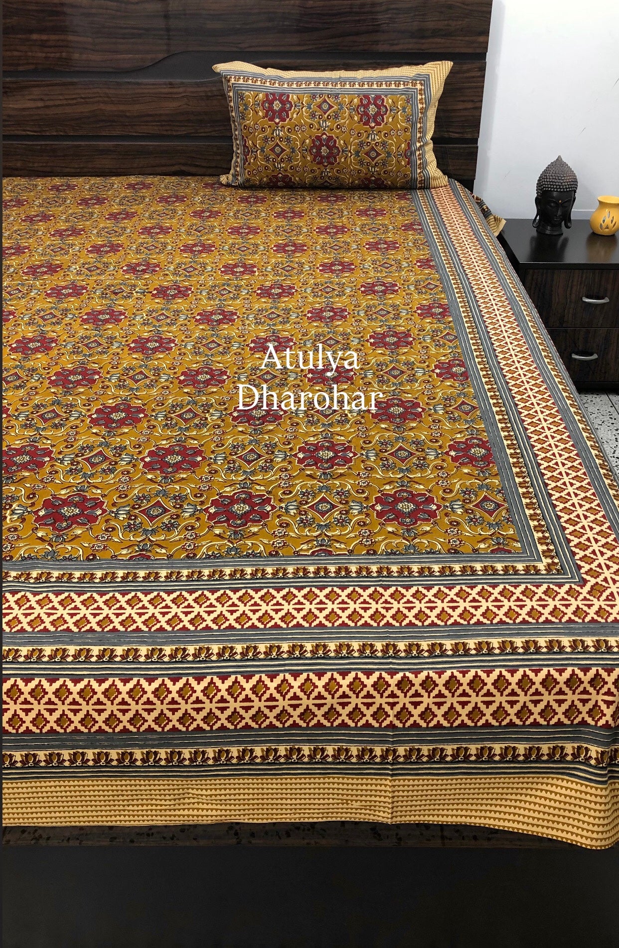 Greenish Mustard and Maroon Cotton Kalamkari King Size Bedsheet