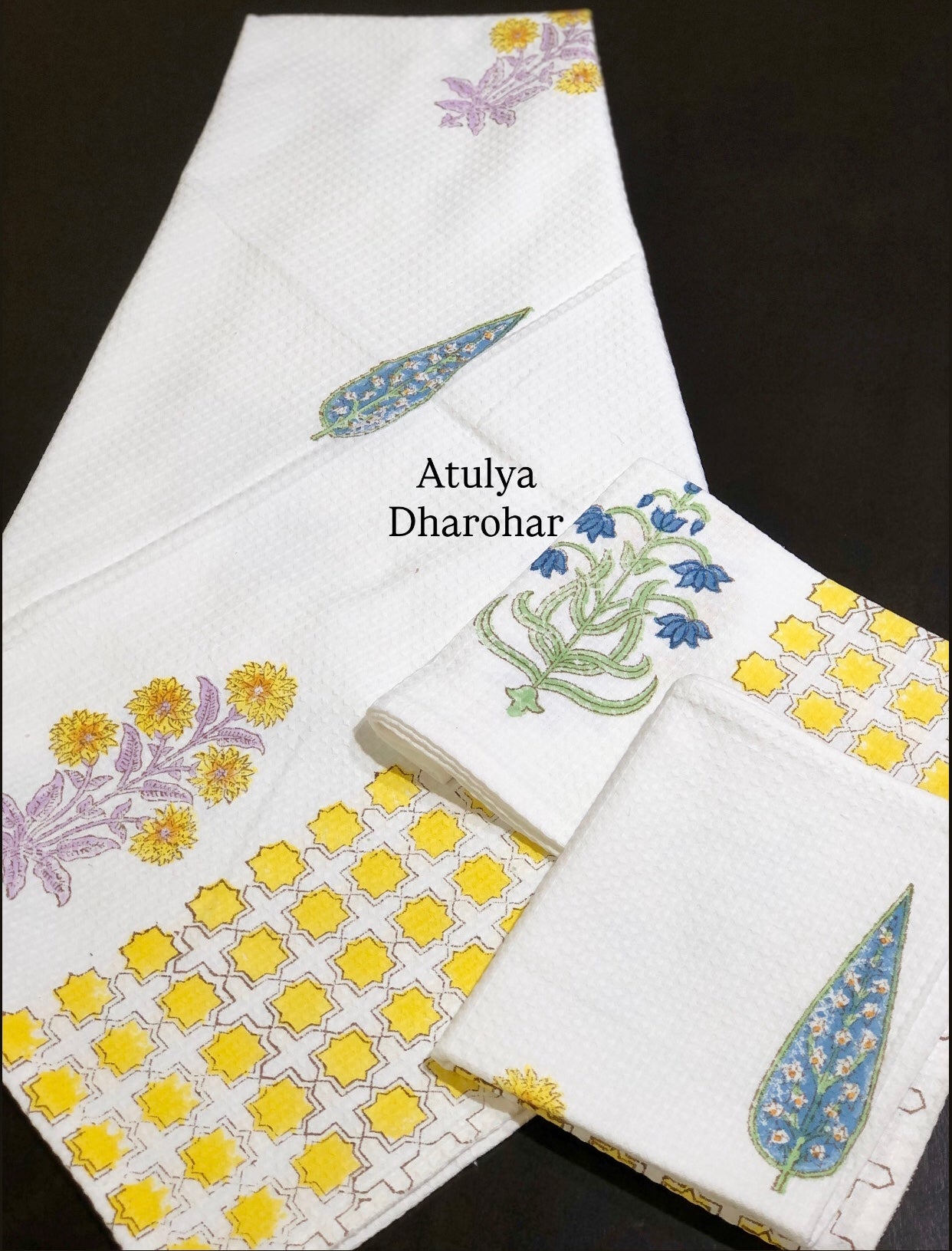 Multicolour Mughal Motifs Hand Block Waffle Cotton Towel Set