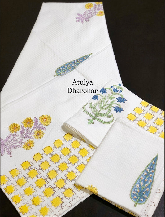 Multicolour Mughal Motifs Hand Block Waffle Cotton Towel Set