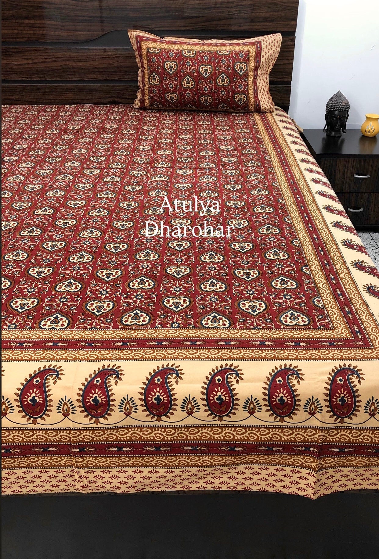 Maroon Kalamkari Cotton Super King Bedsheet
