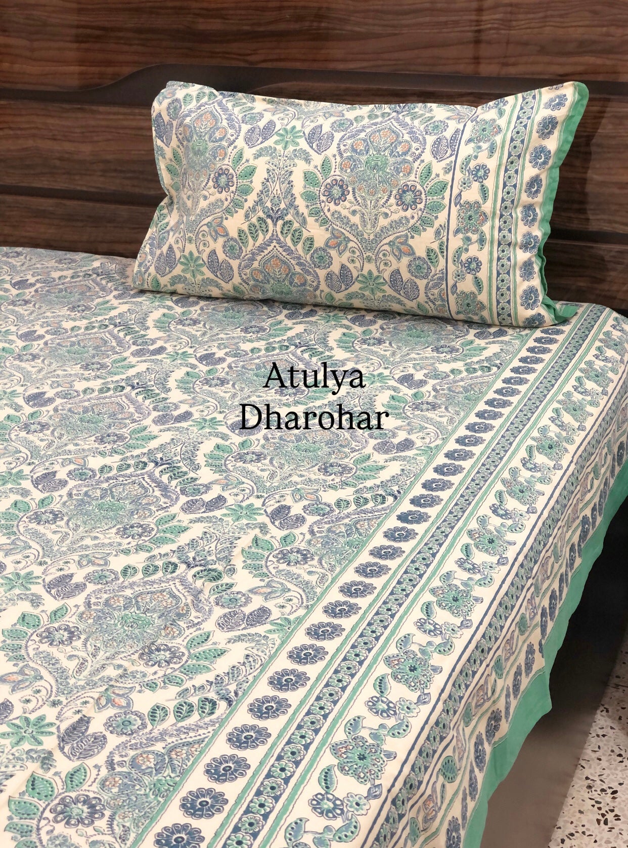 Blue and Green Mughal Jaal Cotton Super King Bedsheet