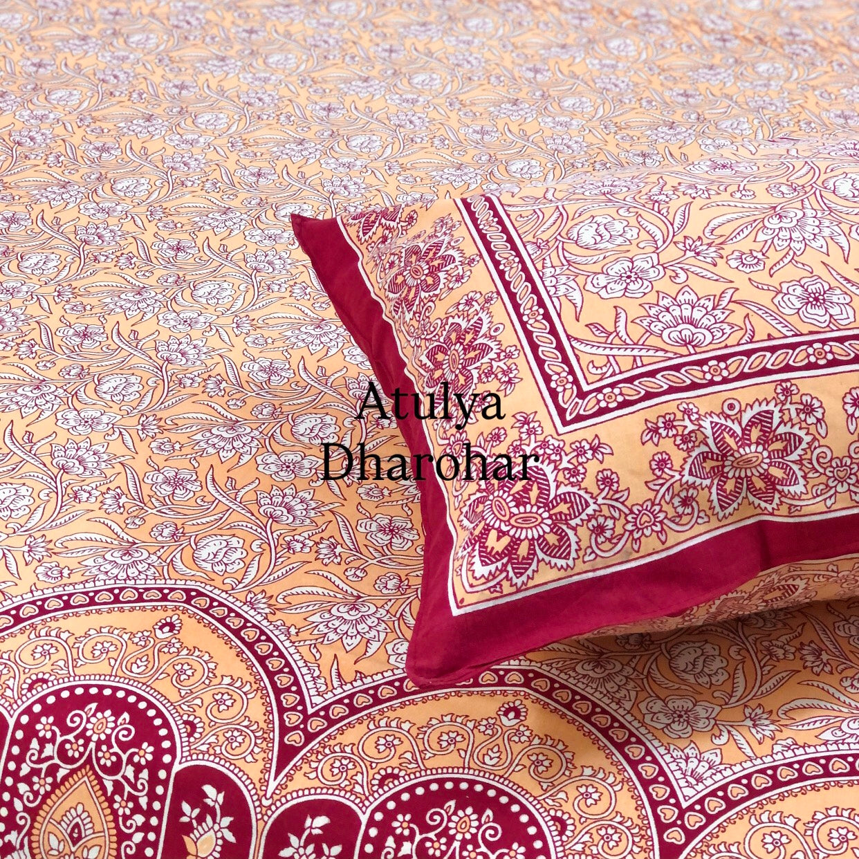 Peach Floral Jaal Cotton King Size Bedsheet