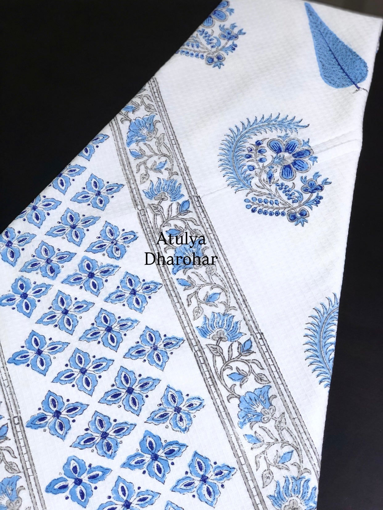 Blue Floral Motifs Hand Block Printed Waffle Cotton Towel