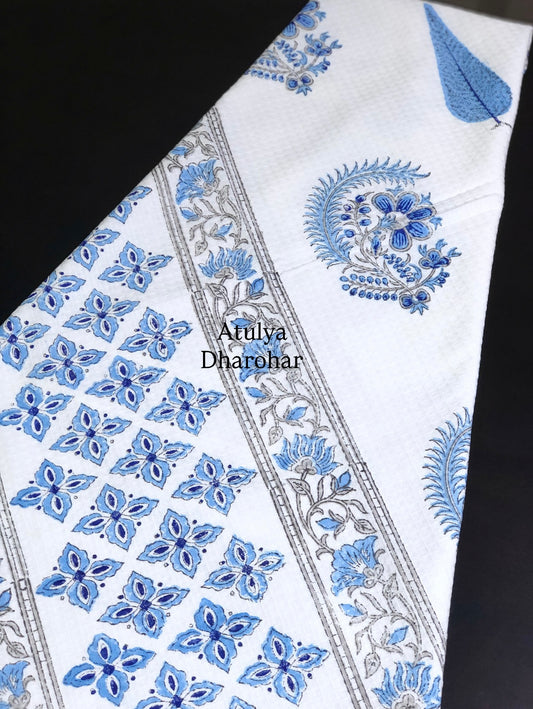 Blue Floral Motifs Hand Block Printed Waffle Cotton Towel