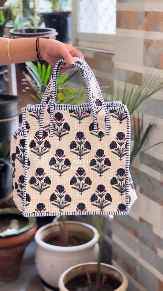 Navy Blue Marigold Floral Mini Tote Bag with Zip