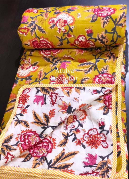 Mustard Green Floral Mulmul Double Bed Dohar