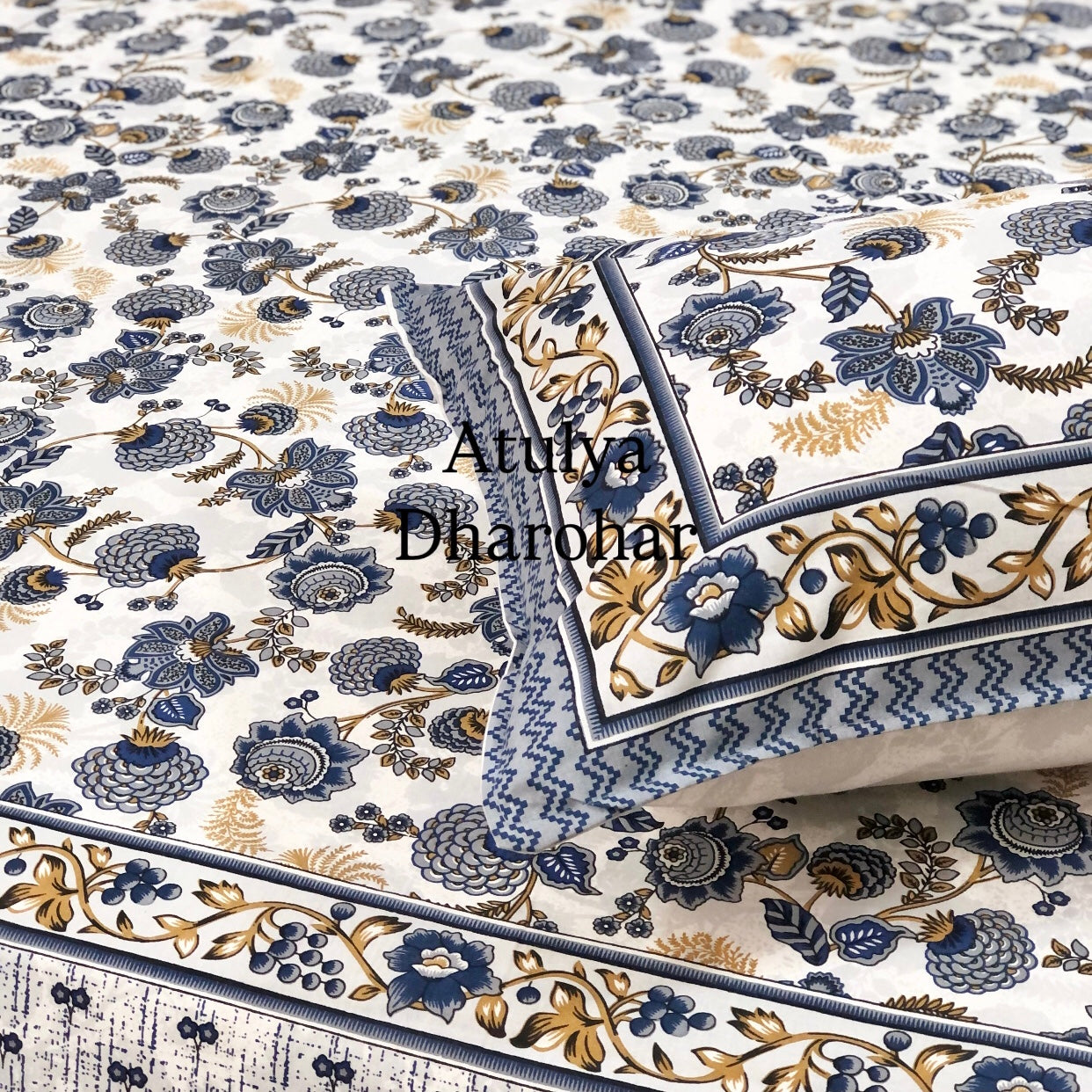 Blue and Brown Floral Jaal Cotton King Size Bedsheet