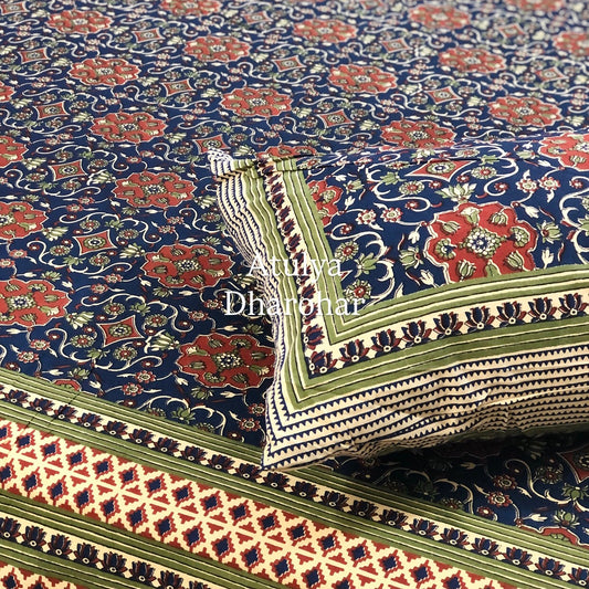 Indigo and Red Kalamkari Cotton King Size Bedsheet