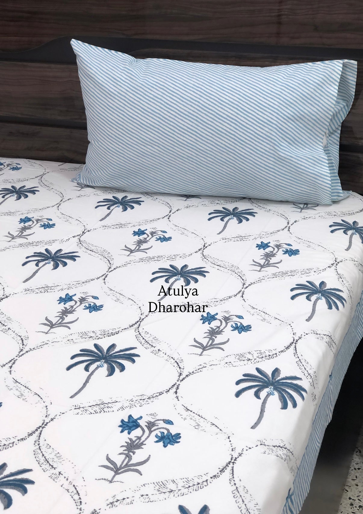 Blue and Grey Palm Tree Mughal Jaal Cotton Single Bed Bedsheet