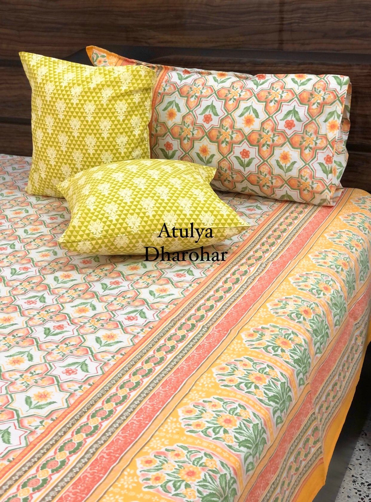 Yellow Floral Motifs Super King Bedsheet