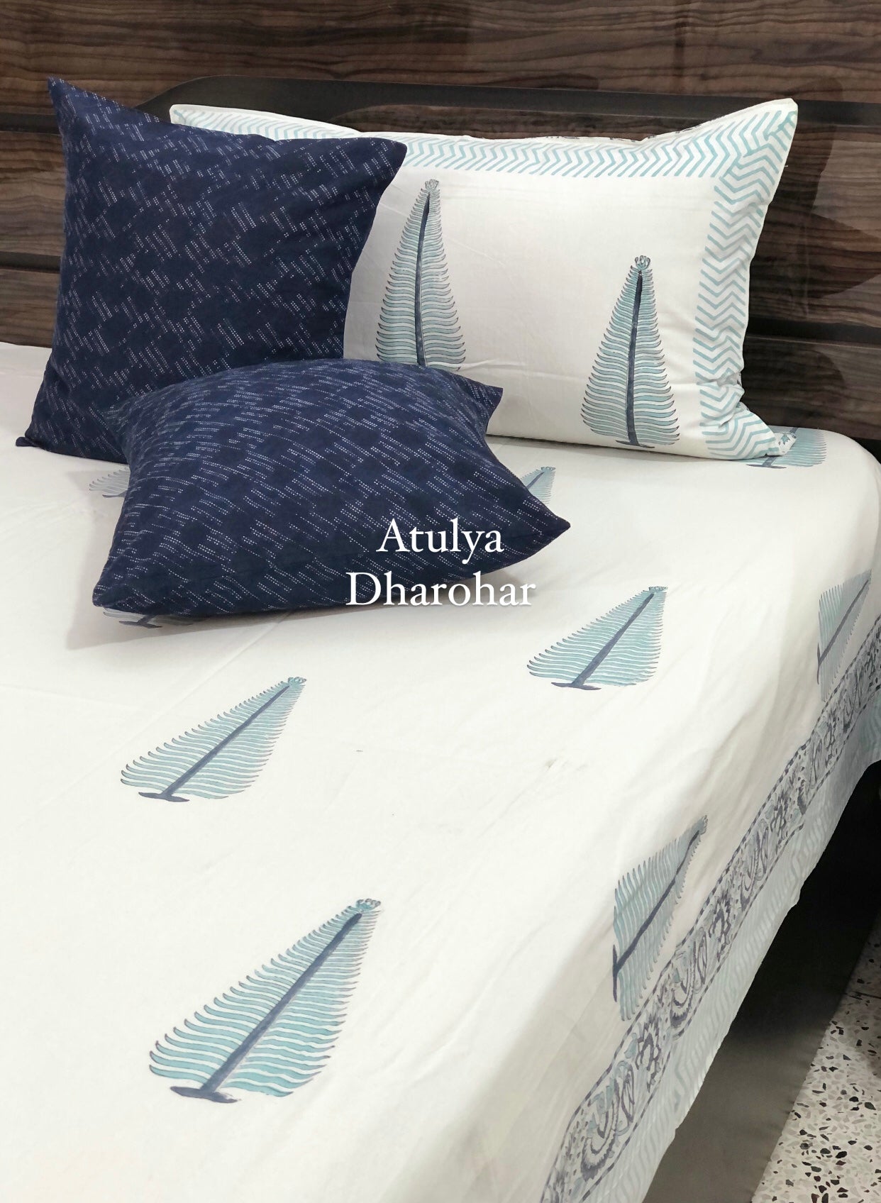 Turquoise Blue Pine Motifs Hand Block Printed Super King Bedsheet