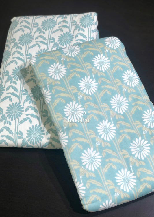 Turquoise Floral Jaal Mulmul Single Dohar Pair