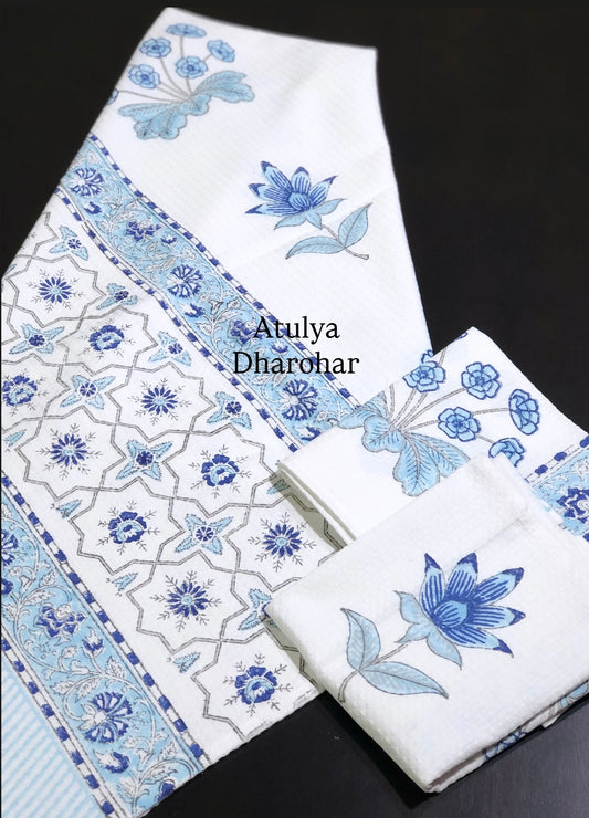 Blue Floral Motifs Hand Block Waffle Cotton Towel Set