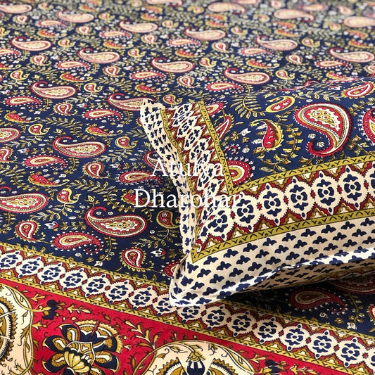 Indigo & Red Cotton Kalamkari King Size Bedsheet