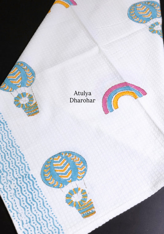 Hot Air Balloon with Rainbow Hand Block Printed Waffle Cotton Kids Towel