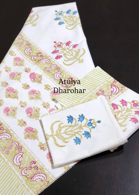 Green and Pink Mughal Motifs Hand Block Waffle Cotton Towel Set