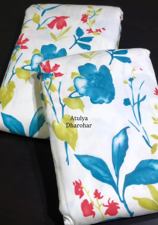 Blue and Red Floral Mulmul Single Bed Dohar Pair