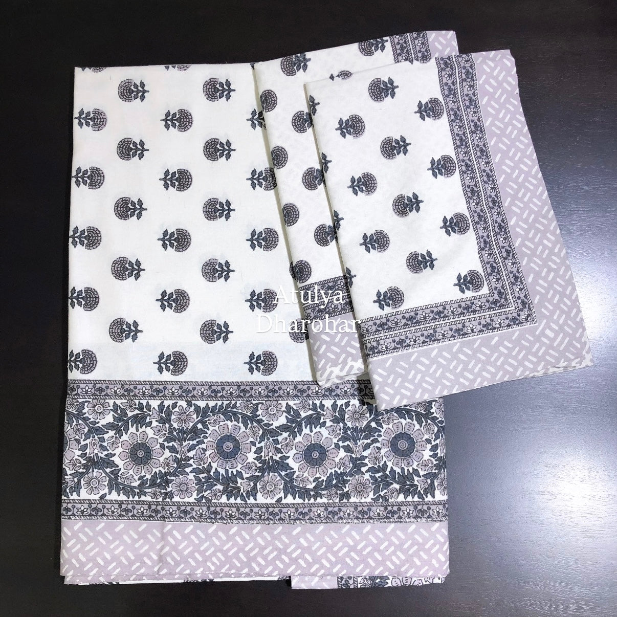 Grey Floral Motifs Cotton King Size Bedsheet