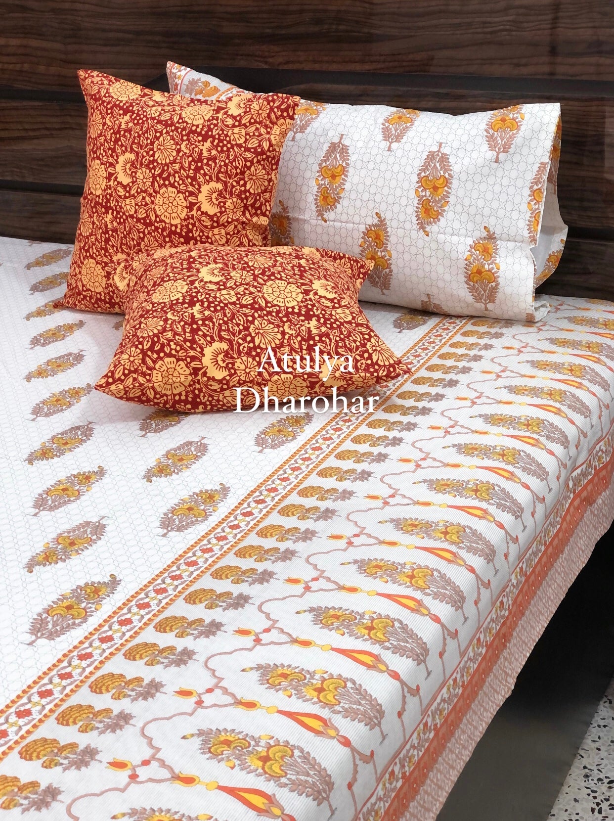 Orange and Yellow Floral Motifs Bedsheet