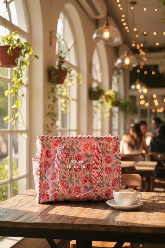 Peach Floral Medium Tote Bag with Zip