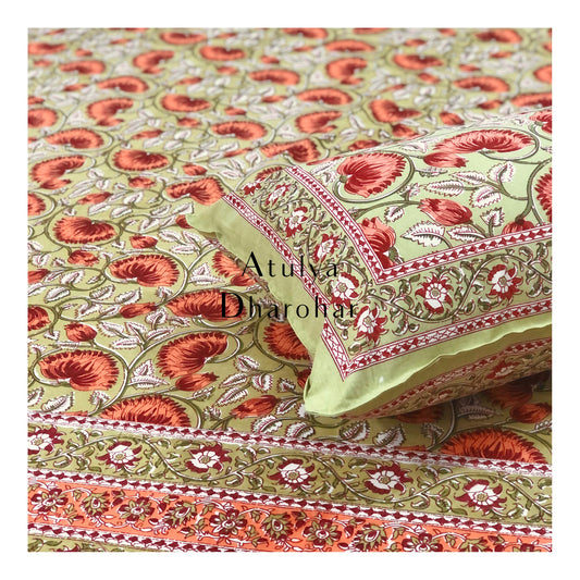 Green and Orange Lotus Motifs Bedsheet