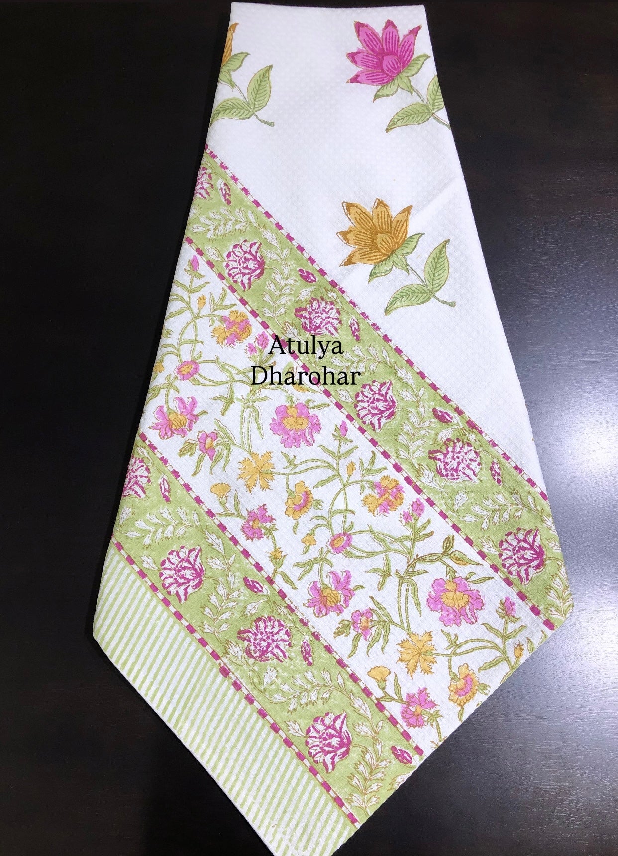Multicolour Floral Motifs Hand Block Printed Waffle Cotton Towel