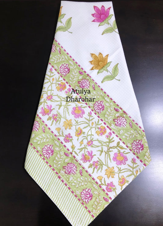 Multicolour Floral Motifs Hand Block Printed Waffle Cotton Towel