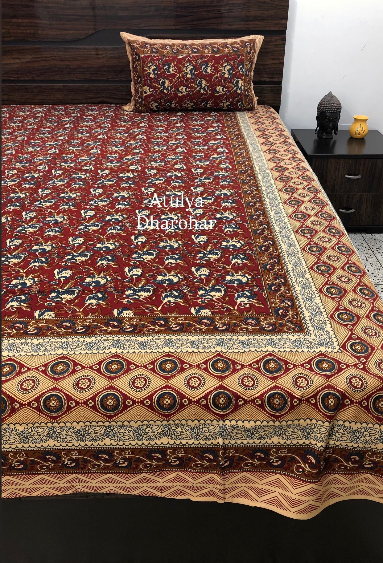 Maroon and Blue Cotton Kalamkari King Size Bedsheet