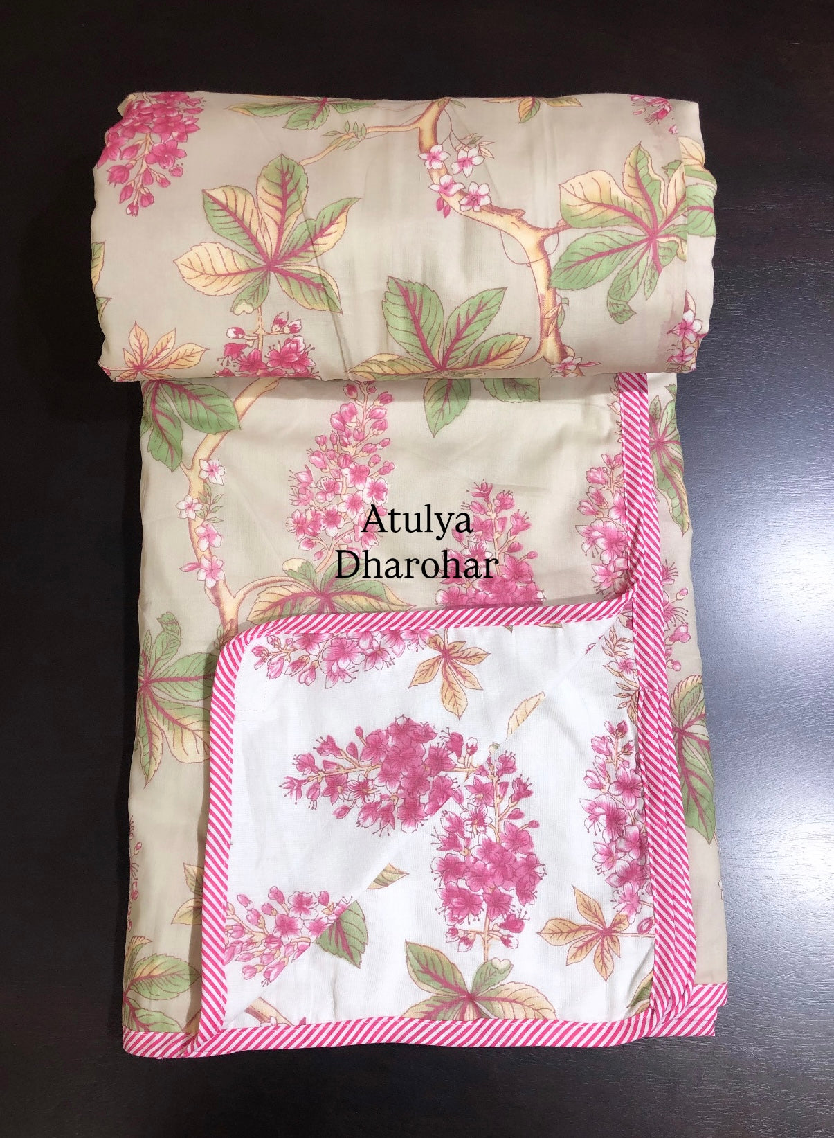 Pink and Green Floral Mulmul Double Bed Dohar