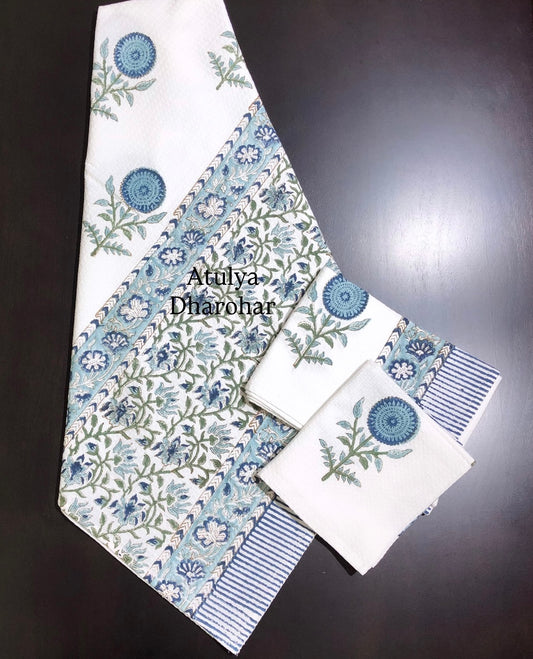 Blue and Green Floral Motifs Hand Block Waffle Cotton Towel Set